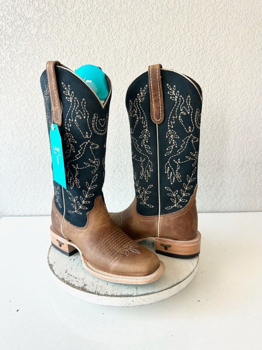 Lane BRIDLEWOOD Square Toe Cowboy Boots Brown Navy Blue Western Cowgirl Size 7